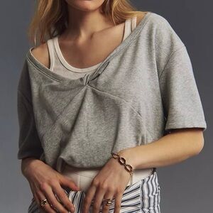Anthropologie Short-Sleeve Peekabo Crop Top, Gray/White, L, NWT